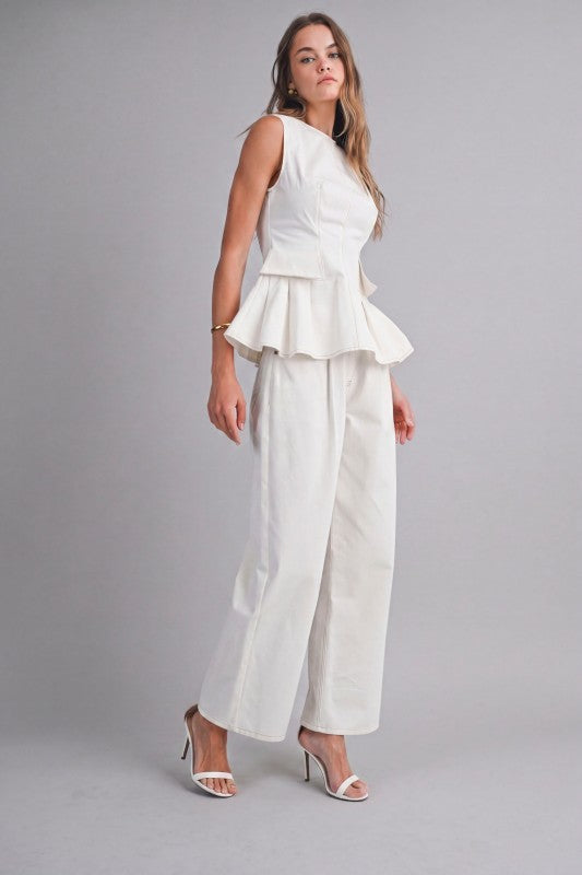 SLEEVELESS PEPLUM TOP AND STRAIGHT PANTS SET