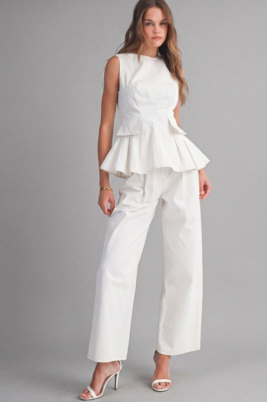 SLEEVELESS PEPLUM TOP AND STRAIGHT PANTS SET