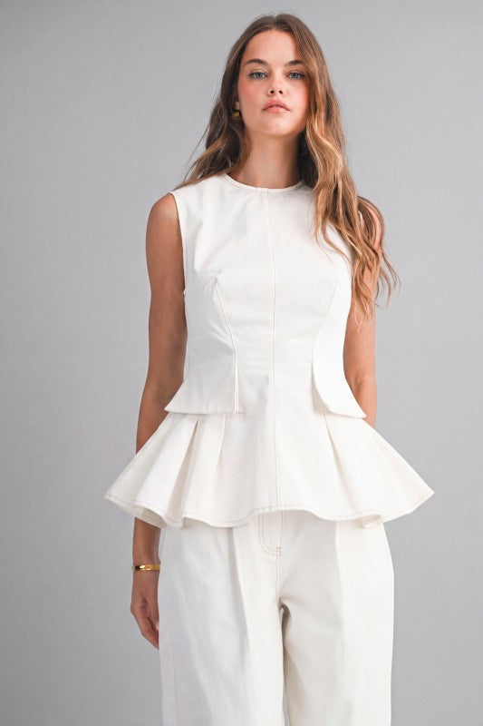 SLEEVELESS PEPLUM TOP AND STRAIGHT PANTS SET