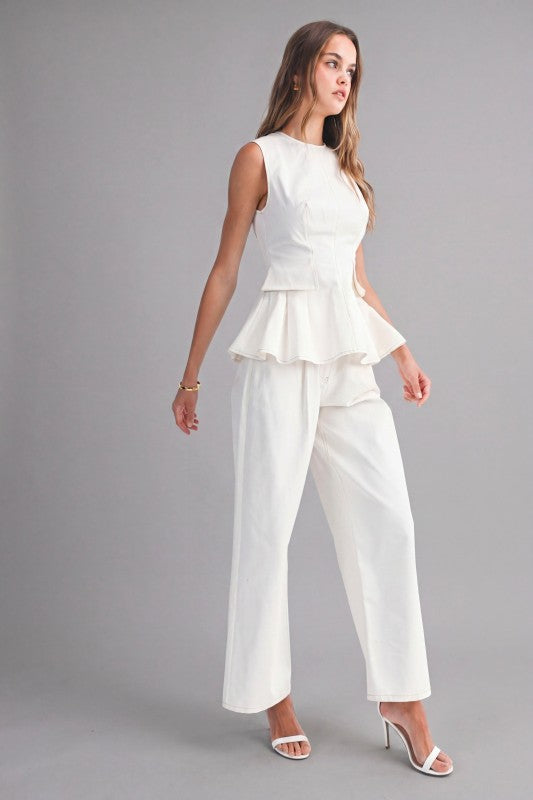 SLEEVELESS PEPLUM TOP AND STRAIGHT PANTS SET