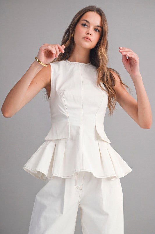 SLEEVELESS PEPLUM TOP AND STRAIGHT PANTS SET