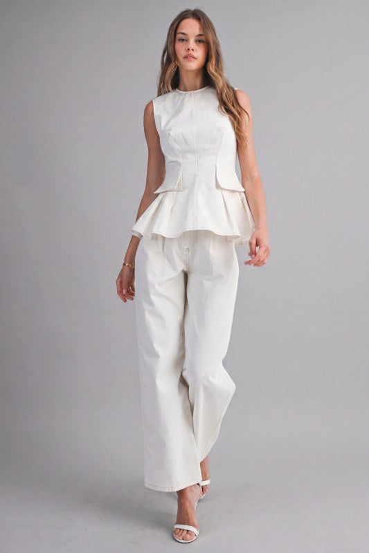 SLEEVELESS PEPLUM TOP AND STRAIGHT PANTS SET