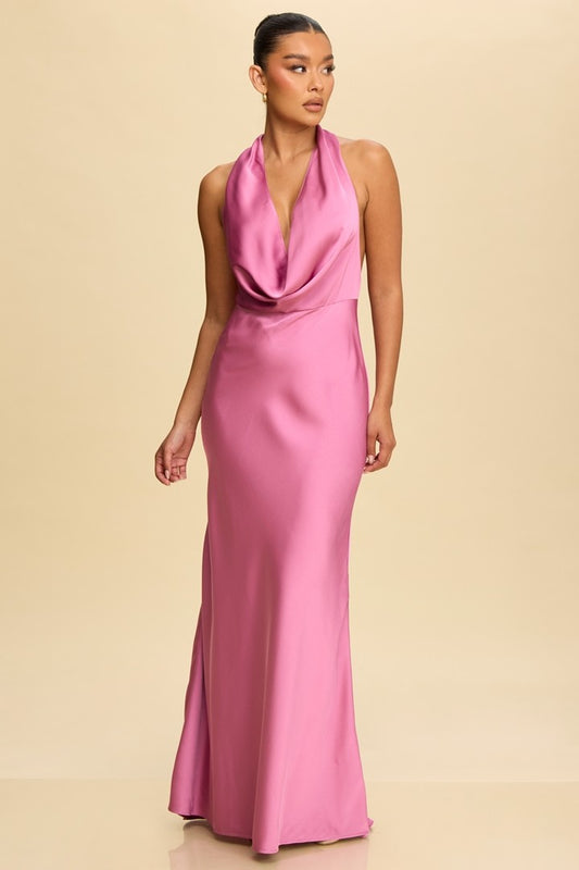 SOLID SATIN HALTER MAXI ORQUID
