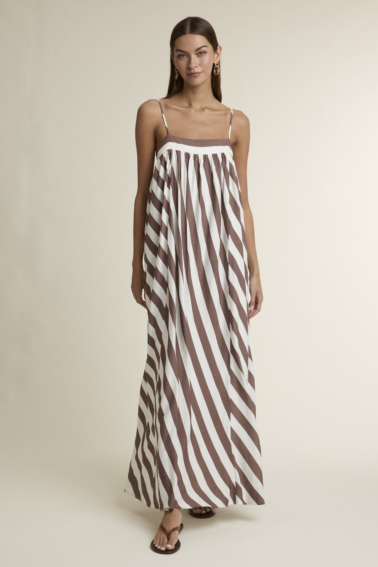 STRIPE ADJUSTABLE SPAGHETTI STRAP MAXI DRESS BROWN