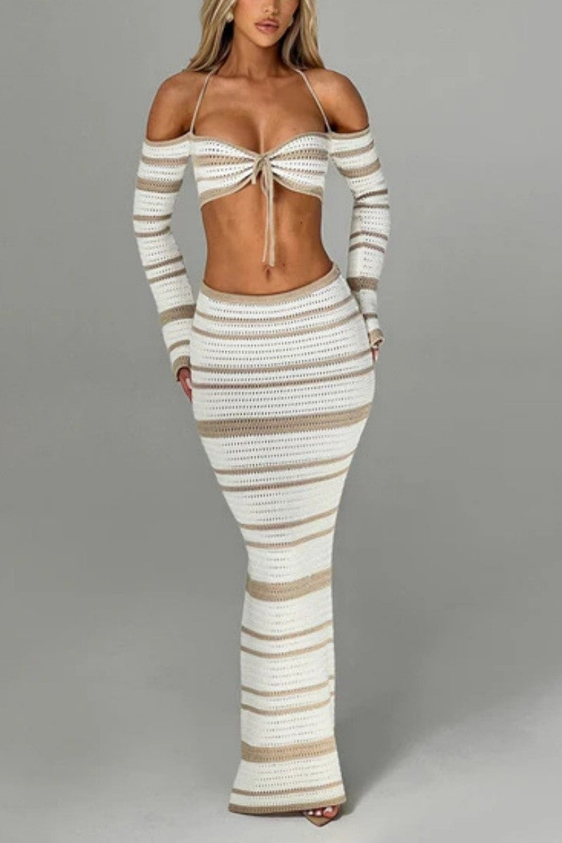 STRIPED HALTER CROP AND MINI SKIRT SET