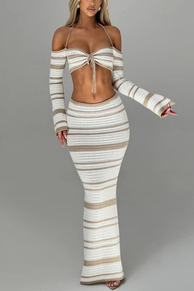STRIPED HALTER CROP AND MINI SKIRT SET