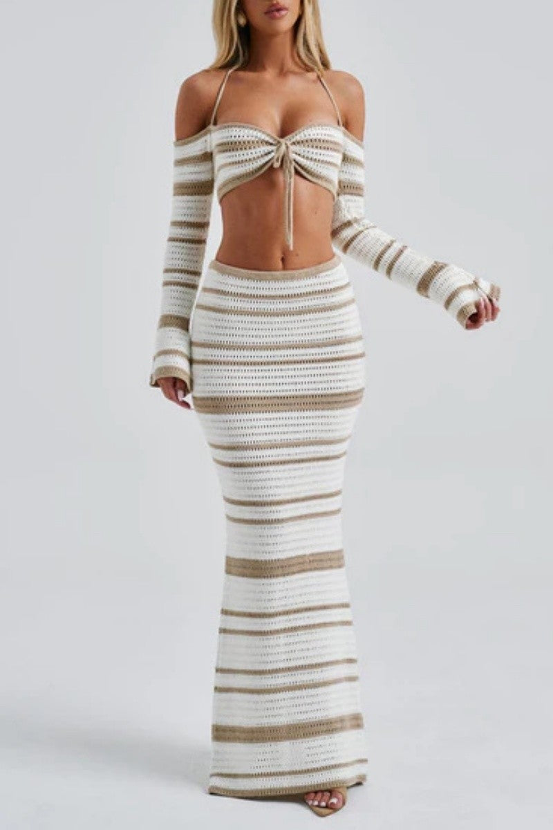 STRIPED HALTER CROP AND MINI SKIRT SET