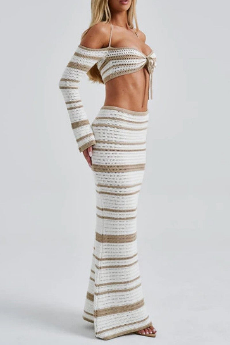 STRIPED HALTER CROP AND MINI SKIRT SET