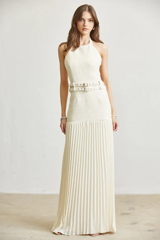 TWEED PLEATED SKIRT BELTED MAXI DRESS BEIGE