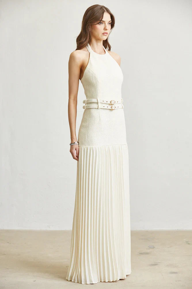 TWEED PLEATED SKIRT BELTED MAXI DRESS BEIGE