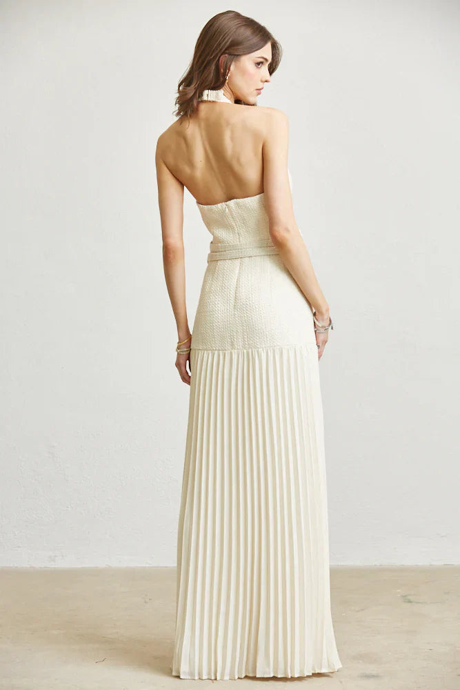 TWEED PLEATED SKIRT BELTED MAXI DRESS BEIGE