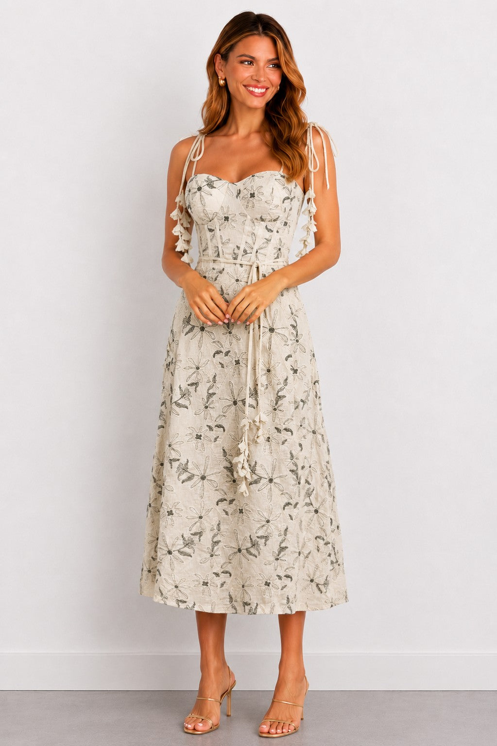 Botanical Charm Tie-shoulder Midi Dress