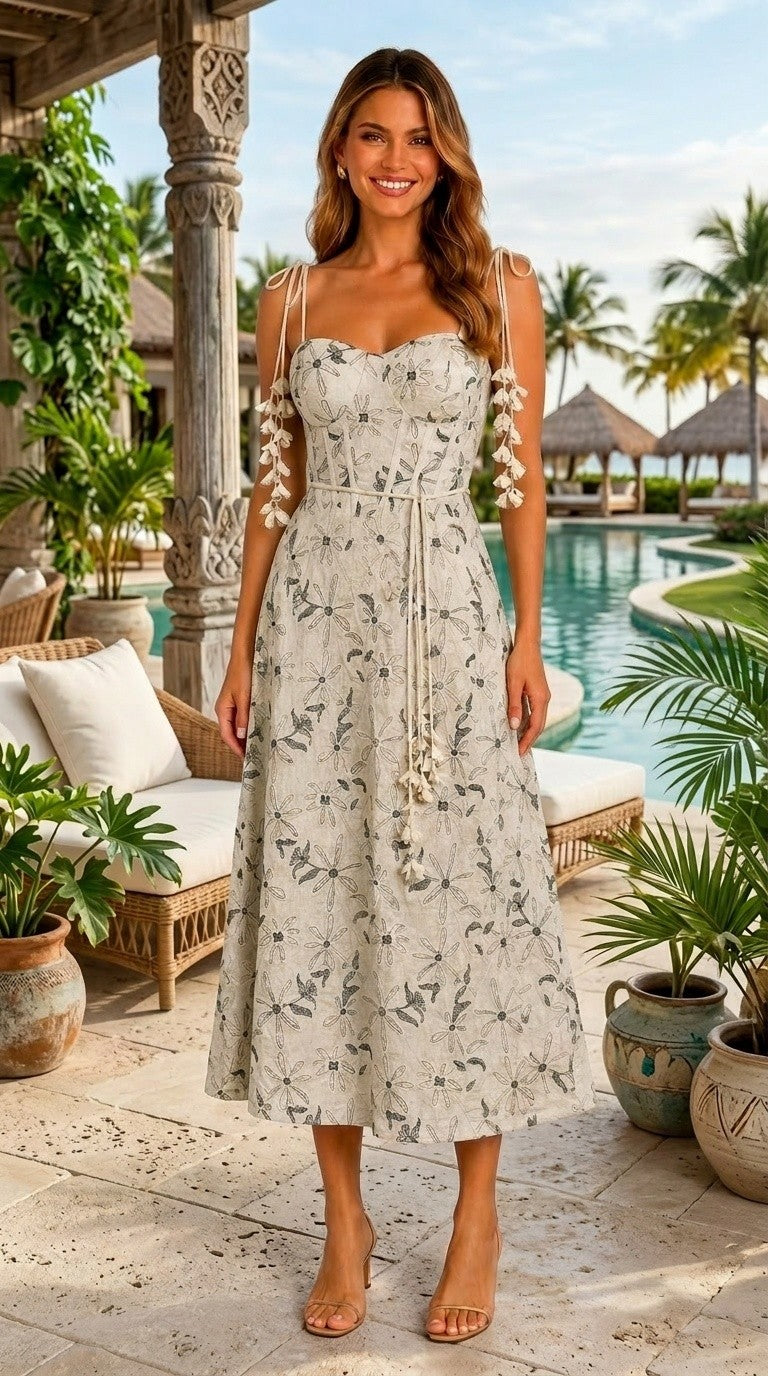 Botanical Charm Tie-shoulder Midi Dress