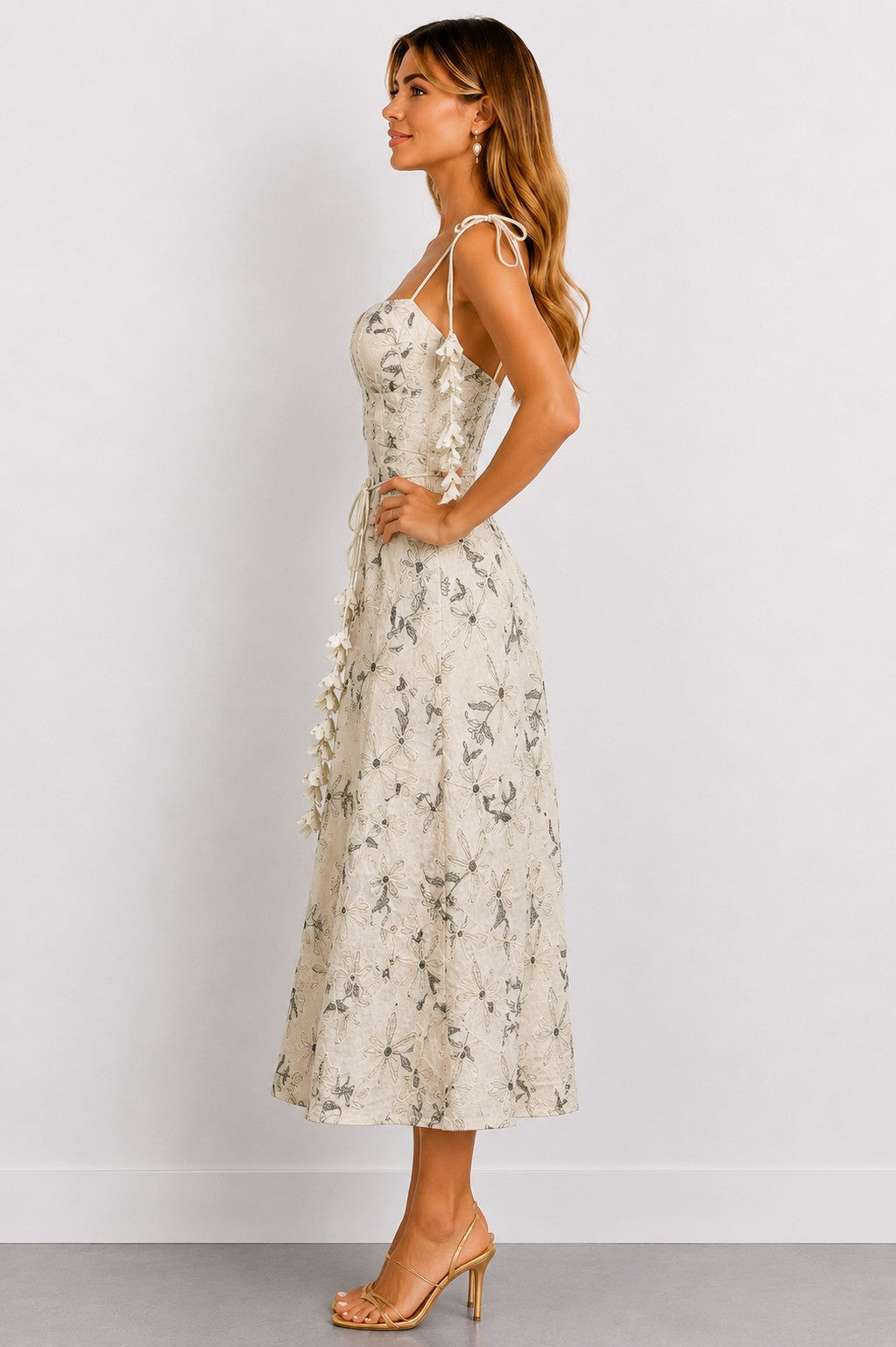 Botanical Charm Tie-shoulder Midi Dress