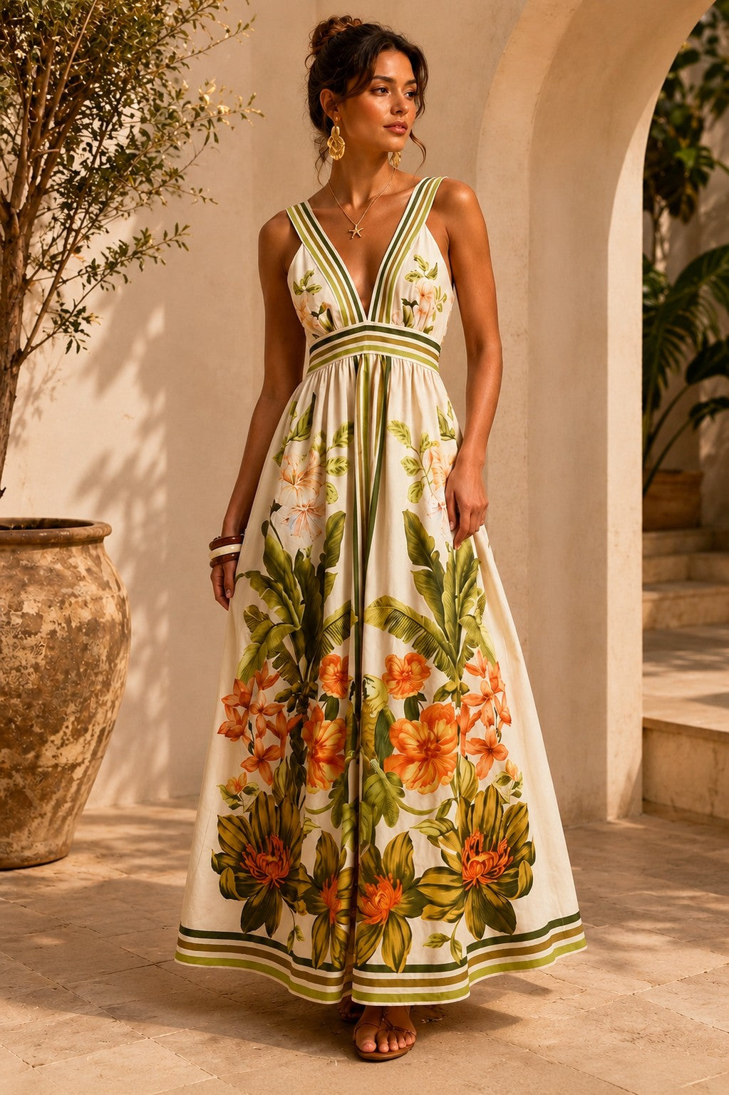 VILLA BOTANICA DEEP V TROPICAL MAXI DRESS