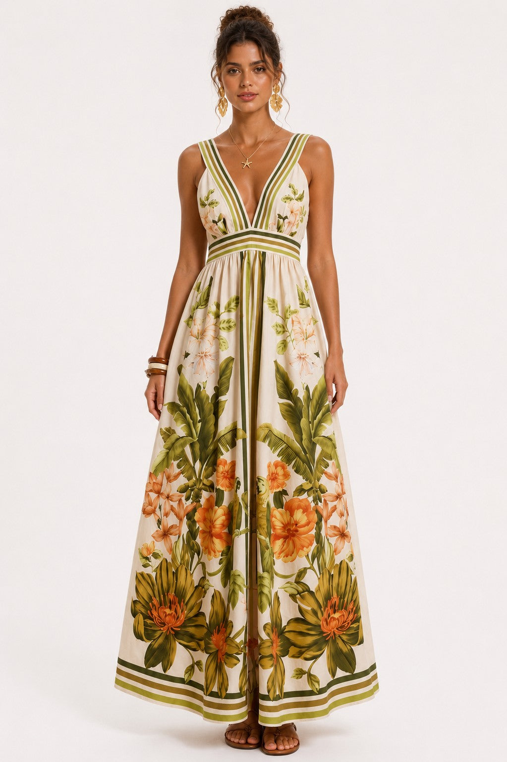 VILLA BOTANICA DEEP V TROPICAL MAXI DRESS