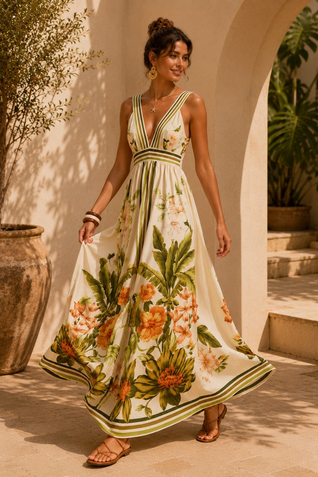 VILLA BOTANICA DEEP V TROPICAL MAXI DRESS