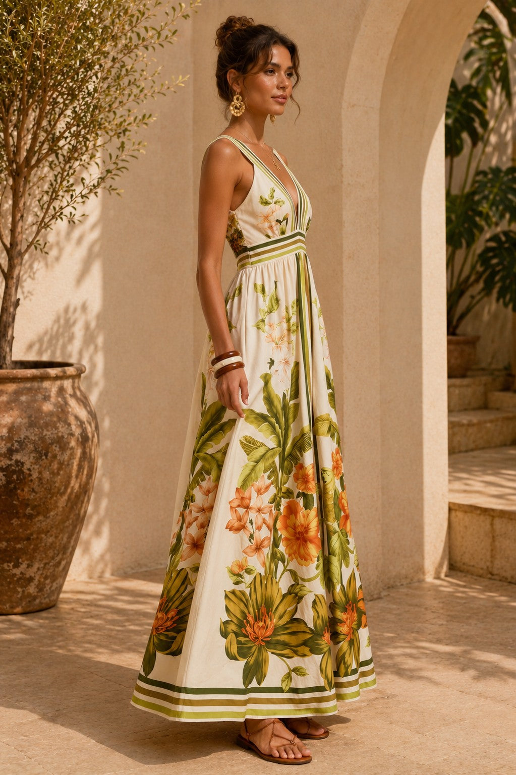 VILLA BOTANICA DEEP V TROPICAL MAXI DRESS