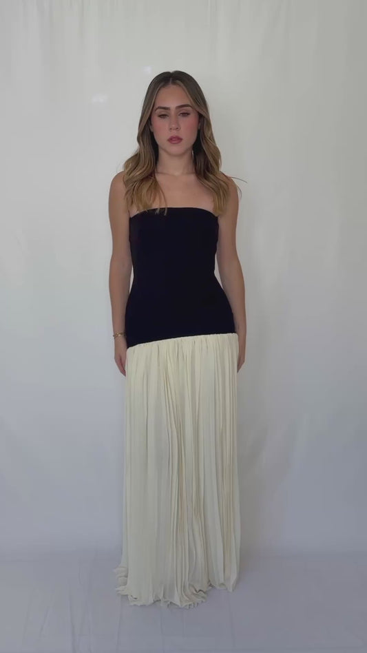 STRAPLESS FIT BODICE PLEATED SKIRT MIX MAXI DRESS
